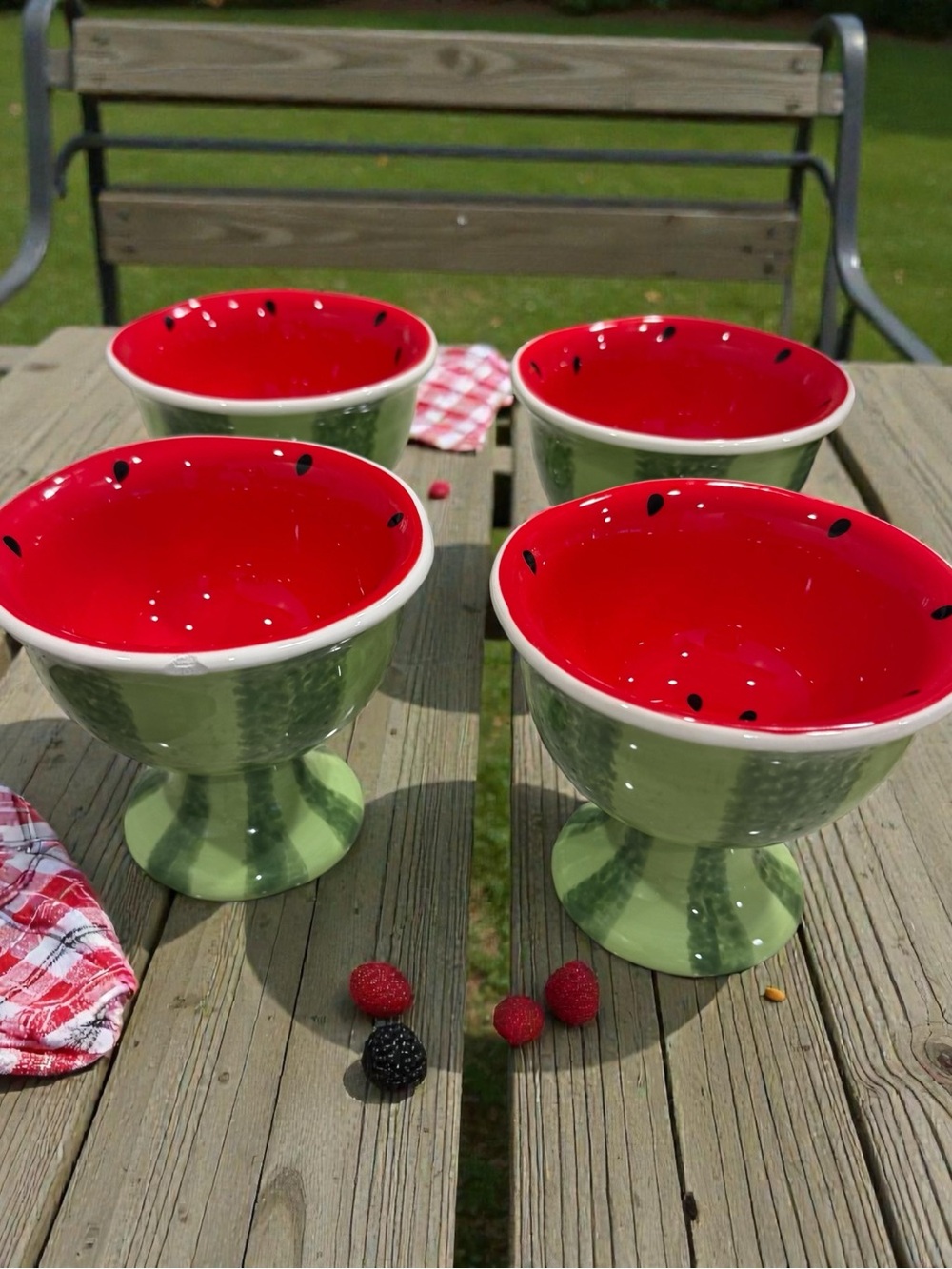 Set of 4 Watermelon-Inspired Ceramic Dessert Goblets in Red and Green